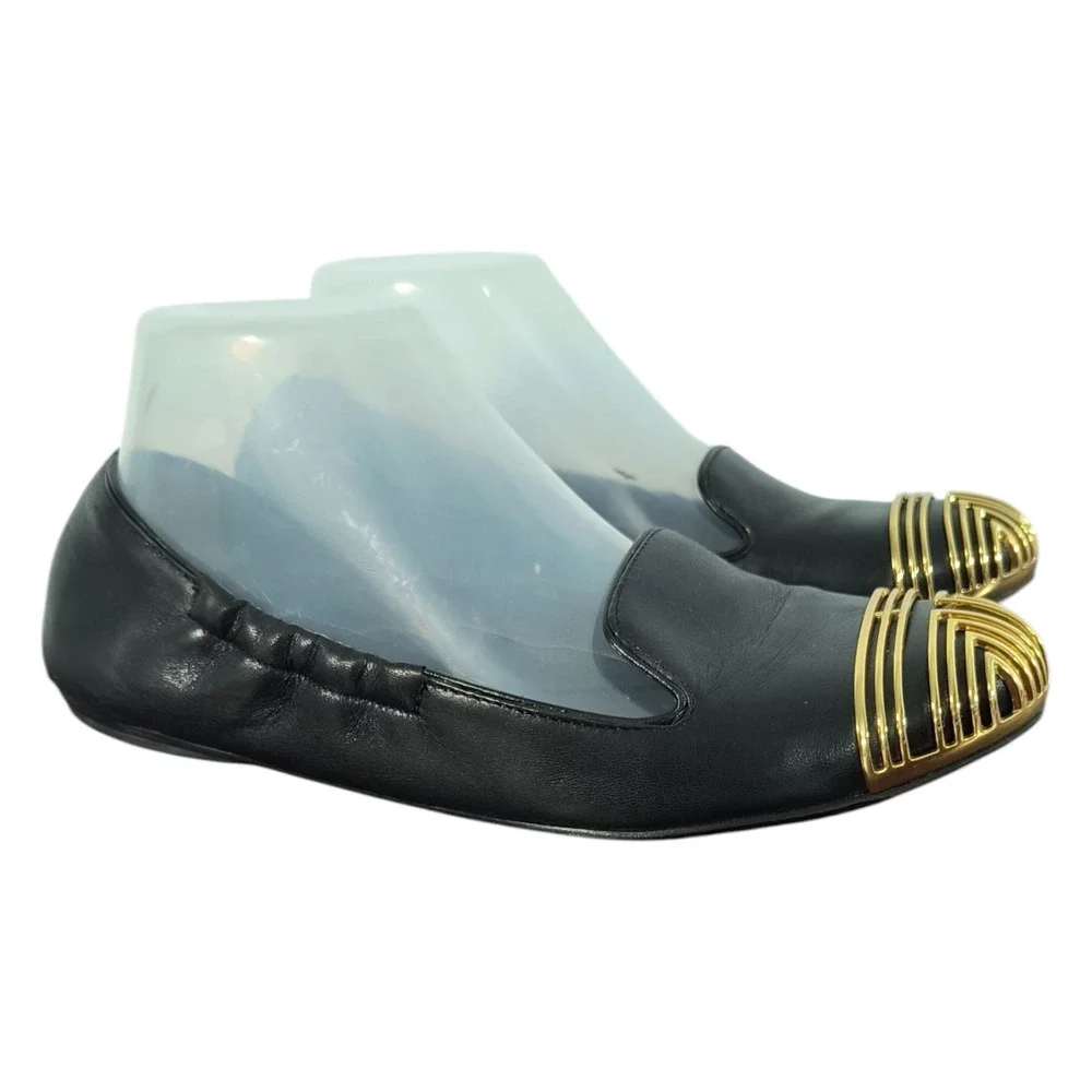 Tory Burch Charlee Black Leather Gold Toe Ballet Flat Shoes Size 7.5 Slip On